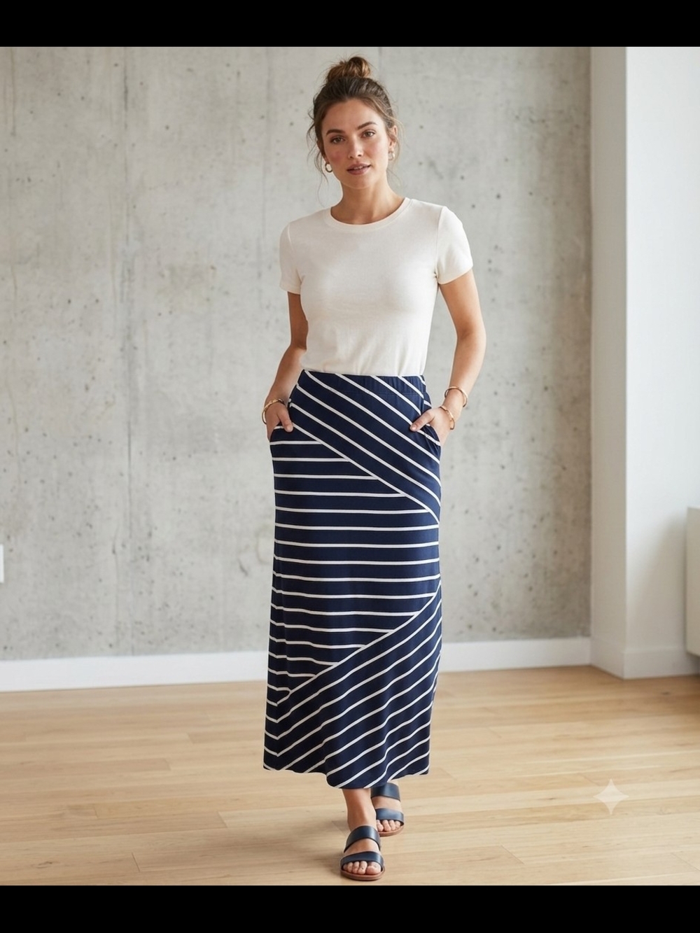 LOFT Navy and White Diagonal Stripe Maxi Skirt. Size PS  SK 3
